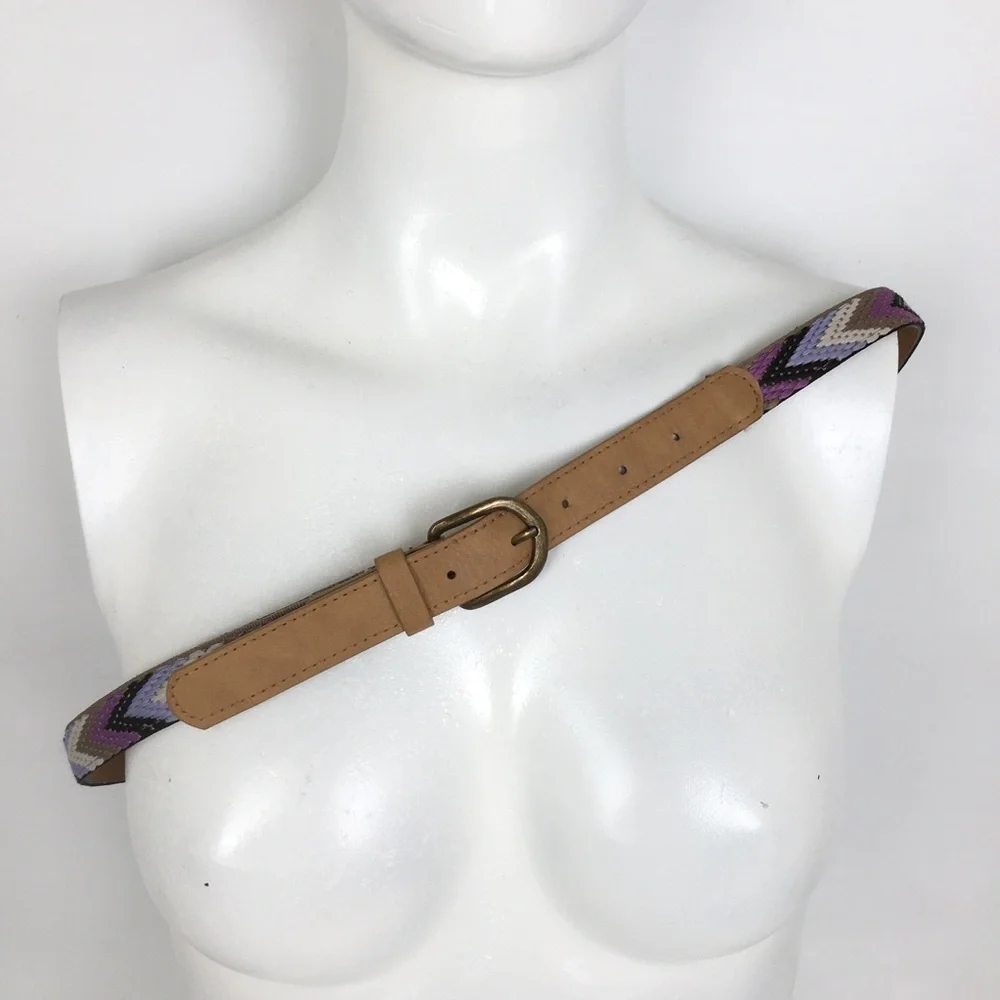 Women’s Thin Boho Belt Chevron Embroidered Multi Colored Purple Brown Size 13